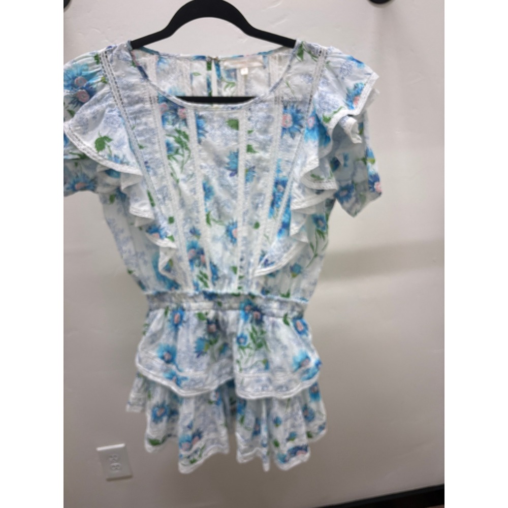 LoveShackFancy Blue Floral Lace Trim Ruffle Mini Dress Cotton Smocked Waist M
